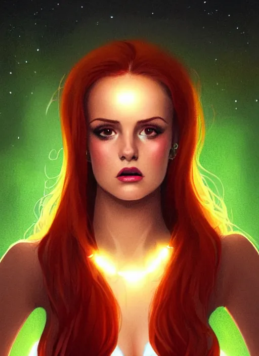 Image similar to full body portrait of teenage cheryl blossom, bangs, green eyes, mischievous expression, red hair, sultry smirk, bangs and wavy hair, intricate, elegant, glowing lights, highly detailed, digital painting, artstation, concept art, smooth, sharp focus, illustration, art by wlop, mars ravelo and greg rutkowski