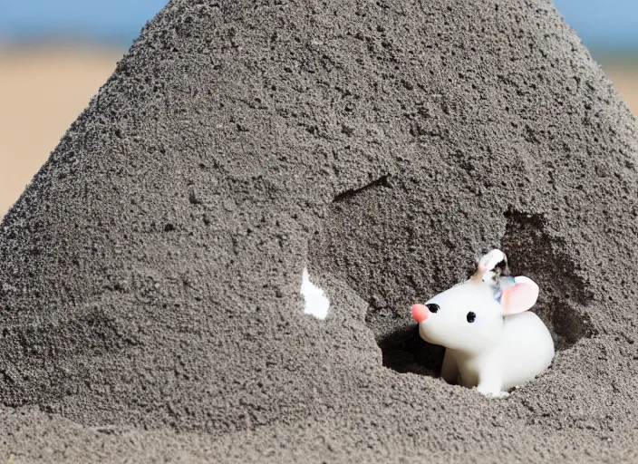 Image similar to dslr photo still of a cute little white mouse peaking out of a sand castle on wet sand in a bright sunny day, 8 k, 8 5 mm f 1. 4