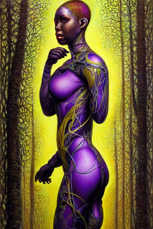 Prompt: hyperrealistic art nouveau super expressive! black woman with exoskeleton armor, merging with tree in a forest, highly detailed digital painting masterpiece smooth brad kunkle hannah yata dramatic pearlescent yellow purple light ground angle hd 8k sharp focus