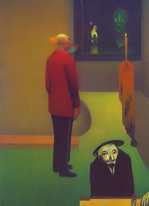 Image similar to clown at a funeral by Anton Bilibin, Edward Hopper and James Gilleard, Zdzislaw Beksinski highly detailed