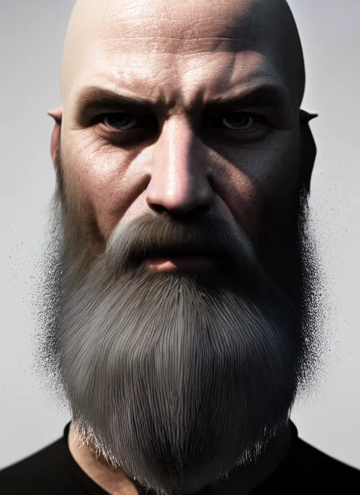 Image similar to portrait of a bald wizard with long white beard, tattoo around one eye, perfect facial symmetry + dim volumetric lighting, 8k octane beautifully detailed render, post-processing, extremely hyperdetailed, intricate, epic composition, grim yet sparkling atmosphere, cinematic lighting + masterpiece, trending on artstation