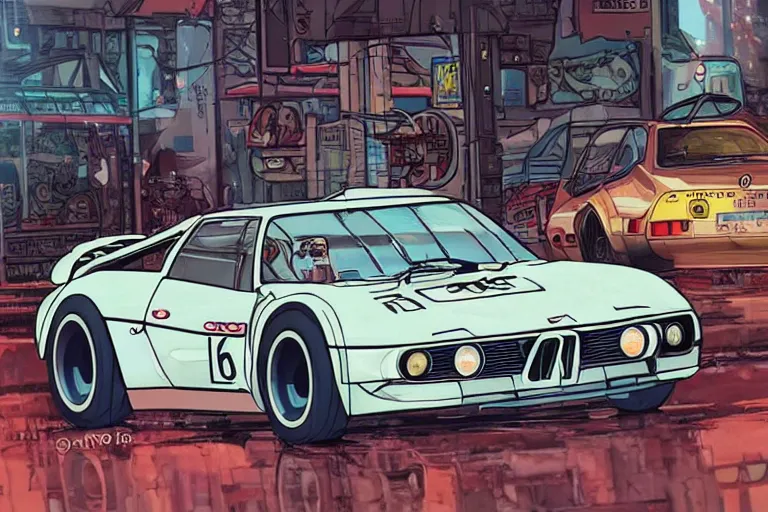 Prompt: 1975 Citroen DM BMW M1 Stratos, city in anime cyberpunk style by Hayao Miyazaki