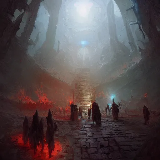 Image similar to Gods walking through hell, fantasy, by Marc Simonetti