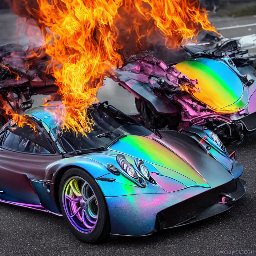 Image similar to close - up of an iridescent rainbow pagani huayra on fire after a big crash, 8 k, highly detailed, realistic, award winning, look at all that detail!