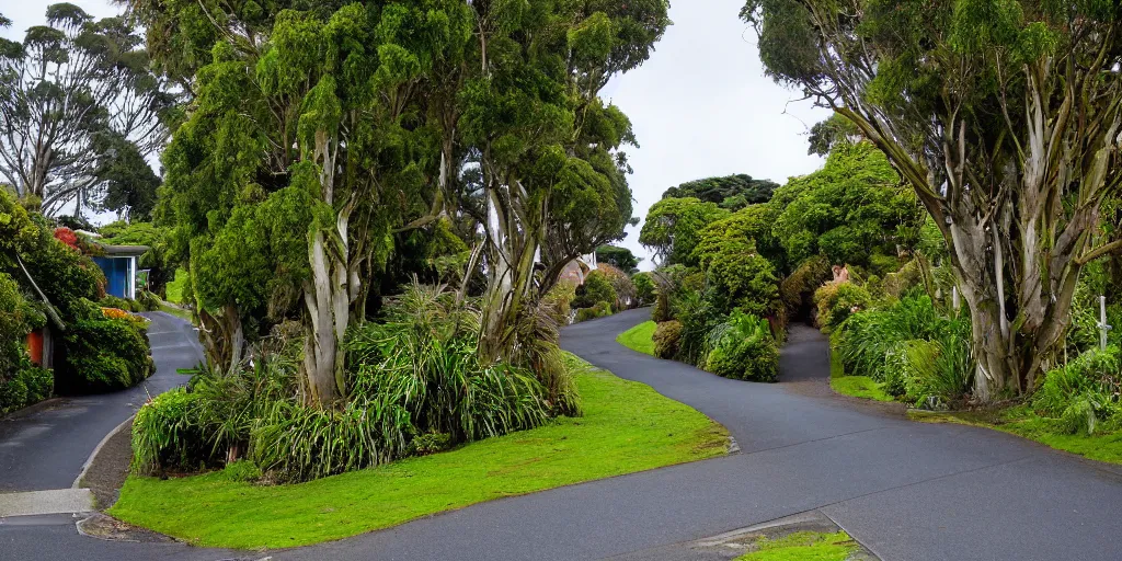 Prompt: a suburban street in wellington, new zealand. quaint cottages interspersed with an ancient remnant lowland podocarp broadleaf forest full of enormous trees with astelia epiphytes and vines. rimu, kahikatea, cabbage trees, manuka, tawa trees, rata. stormy windy day. google street view.