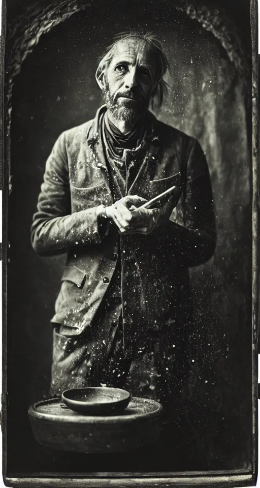 Image similar to a highly detailed wet plate photograph, a portrait of an alchemist