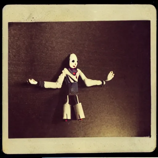 Image similar to female alive, creepy marionette puppet, leaping towards viewer, horrific, unnerving, clockwork horror, pediophobia, lost photograph, dark, forgotten, final photo found before disaster, human laying unconscious in the background, polaroid,