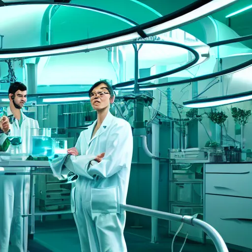 Image similar to establishing shot of a futuristic botanical lab, two scientist on a platform in foreground, teal lighting, photo realistic