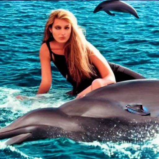 Prompt: johnny depp as a woman, sitting on a yacht, with dolphins in the water, cinematic, ultra realistic