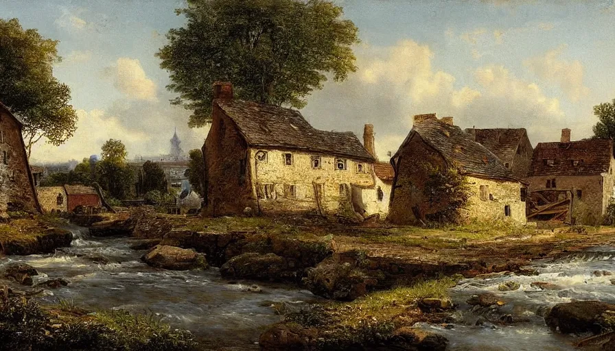 Prompt: a beautiful view of a mill next to a strem, by hermann ottomar herzog