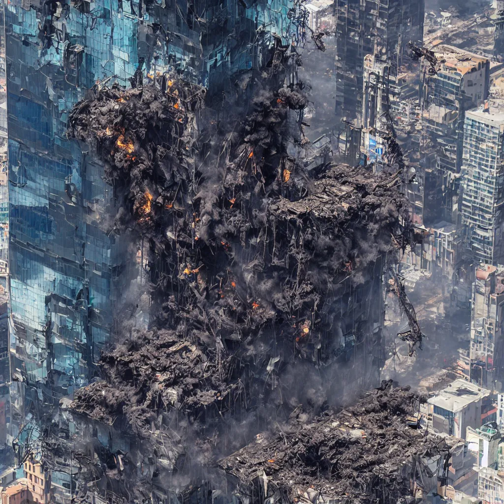 Image similar to torre entel chile being destroyed by protesters, cyberpunk, high detail