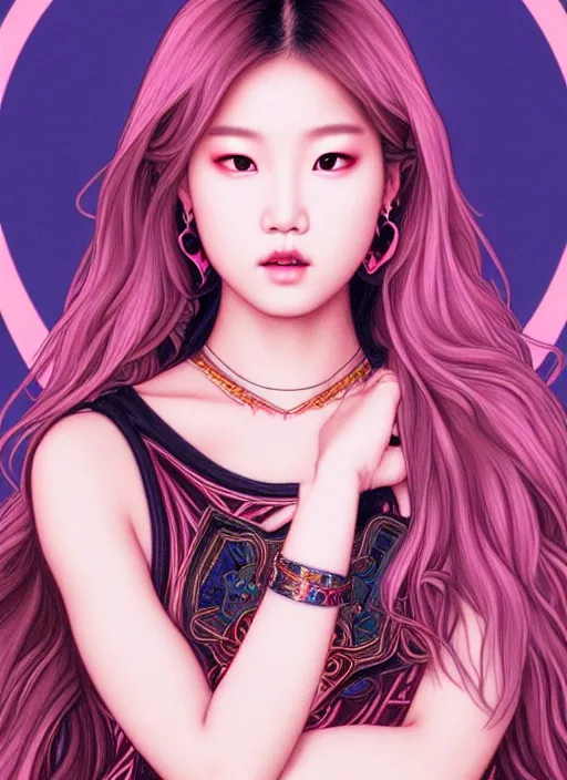 Image similar to roseanne park of blackpink, goddess, tarot card, highly detailed, digital painting, smooth, sharp focus, illustration, ultra realistic, 8 k, art by artgerm and alphonse mucha