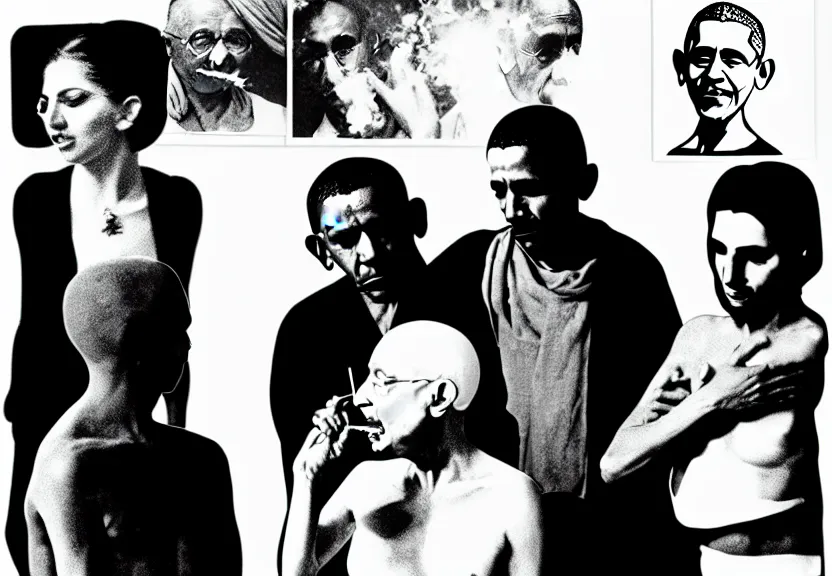 Prompt: Gandhi , Obama, Jesus, And Lady GaGa sharing a joint smoking in a circle, photograph: Andy Warhol, by Beeple