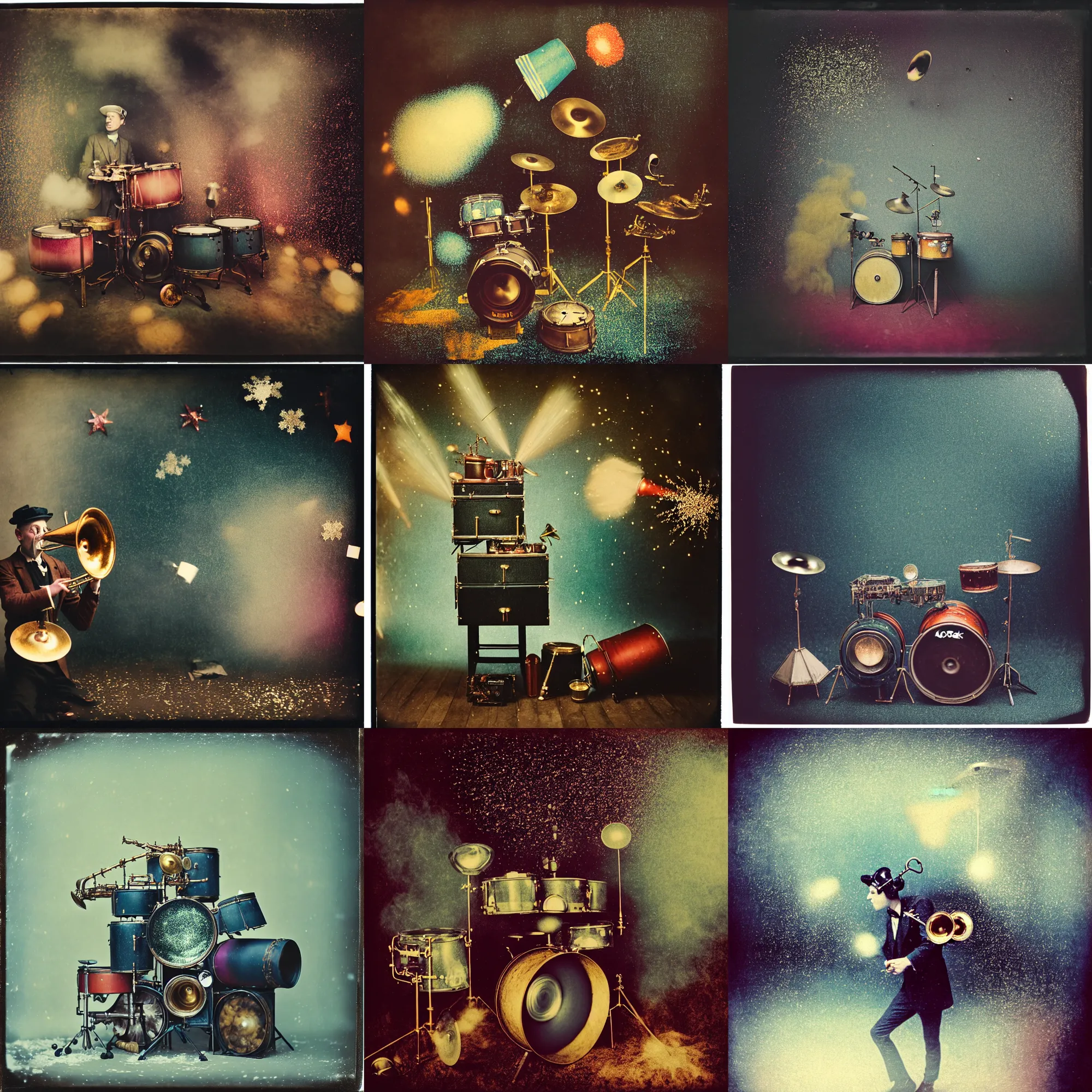 Prompt: kodak portra 4 0 0, wetplate, muted colours, blueberry, drum set, trumpet, christalized, 1 9 1 0 s style, motion blur, portrait photo of a backdrop, explosions, rockets, bombs, sparkling, glitter, snow, fog, steampunk, by georges melies and by britt marling