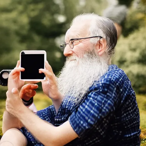 Image similar to cute cartoon character, beard grandpa taking a photo to a baby girl, stuart davis