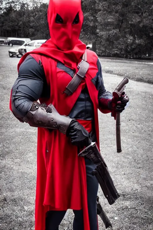 Image similar to red hood cosplay, creepy, disturbing