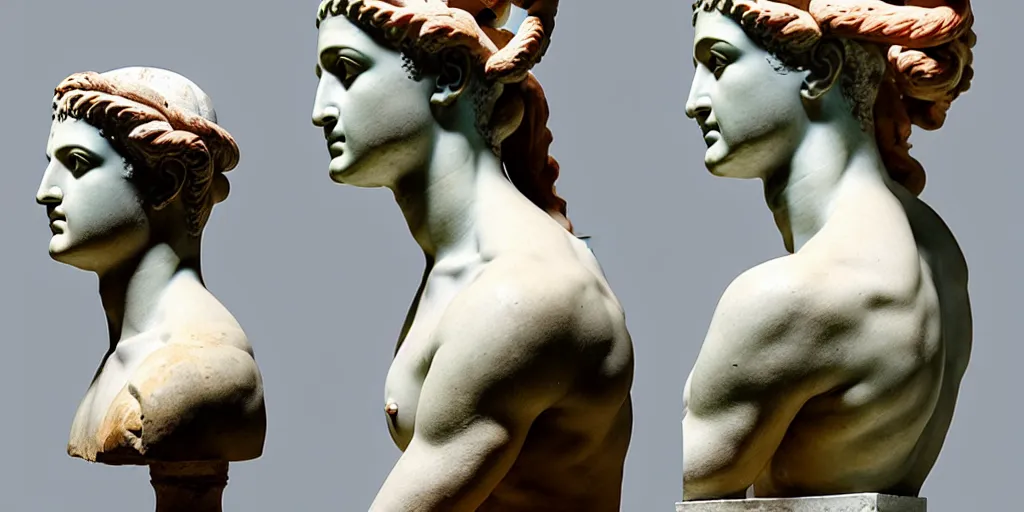 Image similar to ancient greek sculpture, artist unknown, bust, multiple poses, flawless beauty, young woman as medusa, prominent jawline