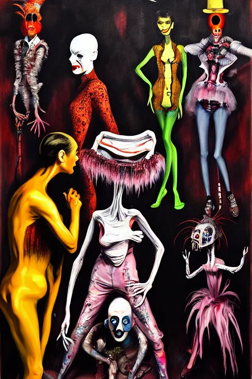 Image similar to crazy fashion catwalk, freak show, crazy clothes, biopunk style, horror, hauntingly surreal, highly detailed painting by francis bacon, edward hopper, adrian ghenie, gerhard richter, and james jean soft light 4 k,