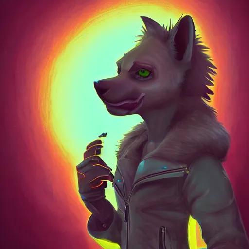 Image similar to digital painting of anthromorphic hyena female smoking cigarrete, fursona, furry fandom, furaffinity, neon rainy cyberpunk setting, anthro, wearing cyberpunk leather jacket, detailed face, blade runner, zootopia style,