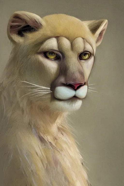 Prompt: Character portrait of a albino furry anthro albino mountain lion with an expressive face wearing a yellow button-down shirt and olive green slacks in the desert wilderness, intricate, elegant, highly detailed, digital painting, artstation, concept art, smooth, sharp focus, illustration, art by Krenz Cushart and Artem Demura and alphonse mucha