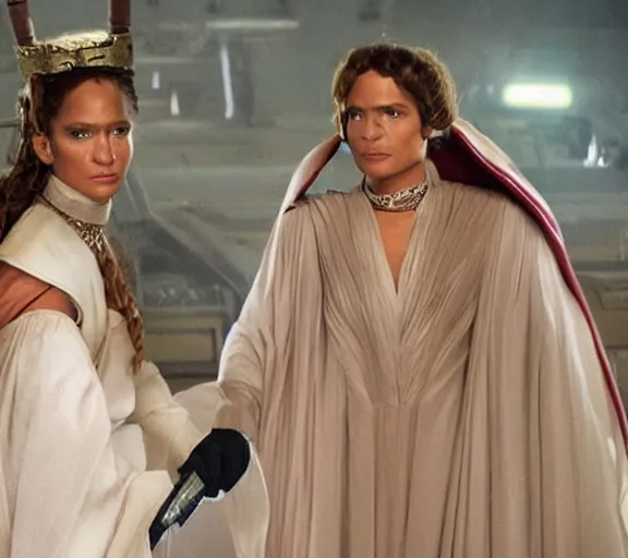 Prompt: a movie still of jennifer lopez as princess leigha in the movie star wars