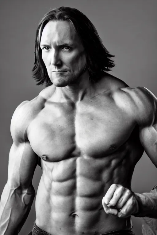 Image similar to Matthew Mercer is a jacked muscle builder gigachad, grayscale photography, Critical Role, Raised eyebrow