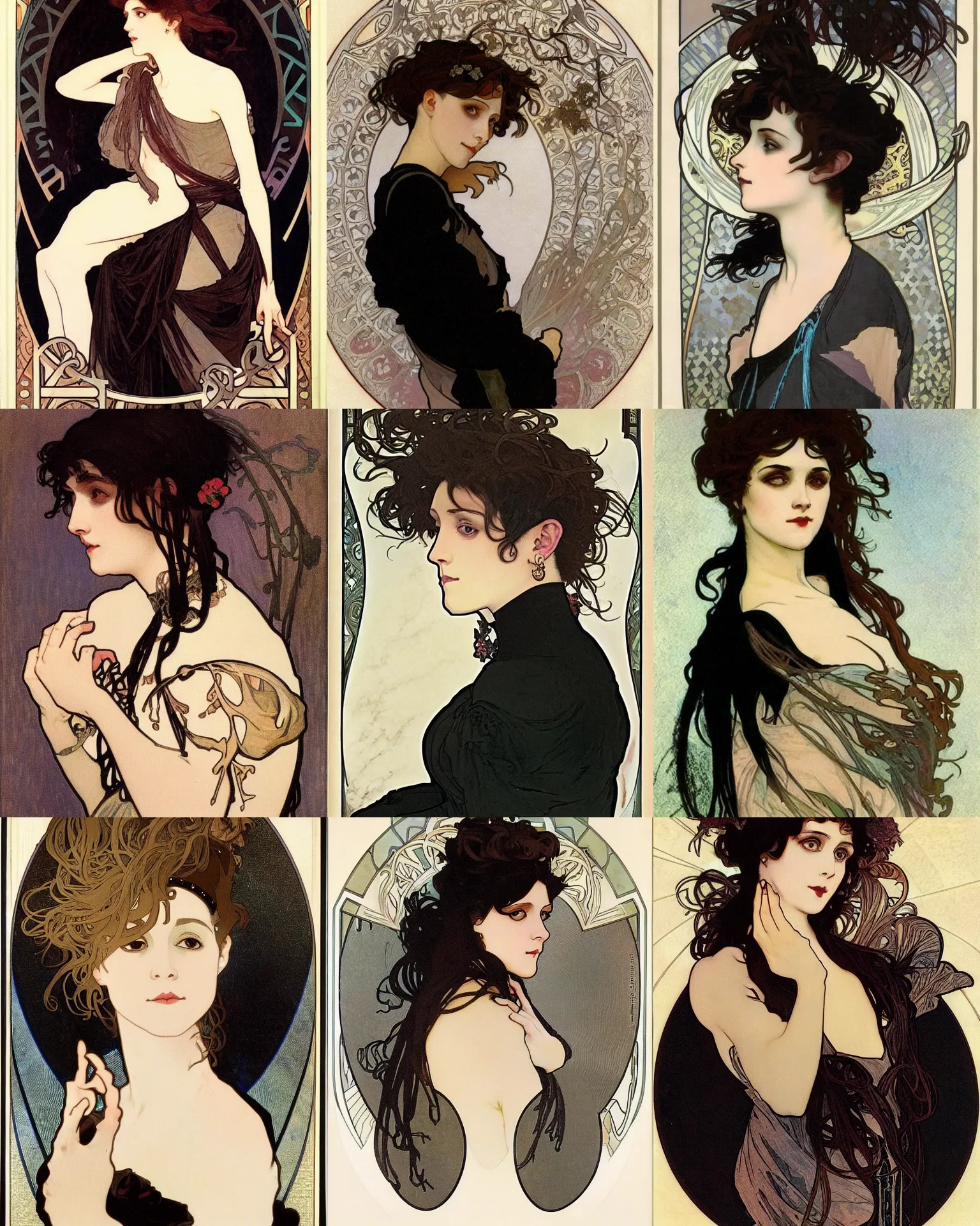 Prompt: A portrait of a goth by Alphonse Mucha. Her hair is dark brown and cut into a short, messy pixie cut. She has a slightly rounded face, with a pointed chin, large entirely-black eyes, and a small nose. She is wearing a black tank top, a black leather jacket, a black knee-length skirt, a black choker, and black leather boots.