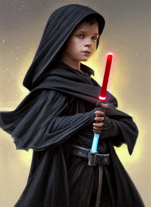 Image similar to perfectly - centered - portrait of a kid wearing black cloak holding light saber, intricate, highly detailed, digital painting, artstation, concept art, smooth, sharp focus, illustration, unreal engine 5, 8 k, art by artgerm and greg rutkowski and alphonse mucha and sam spratt