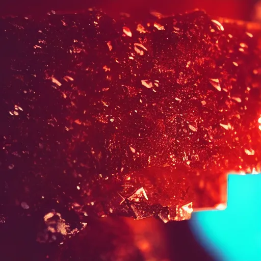 Image similar to a deep red, glowing, stick - shaped crystal on a rock, film grain