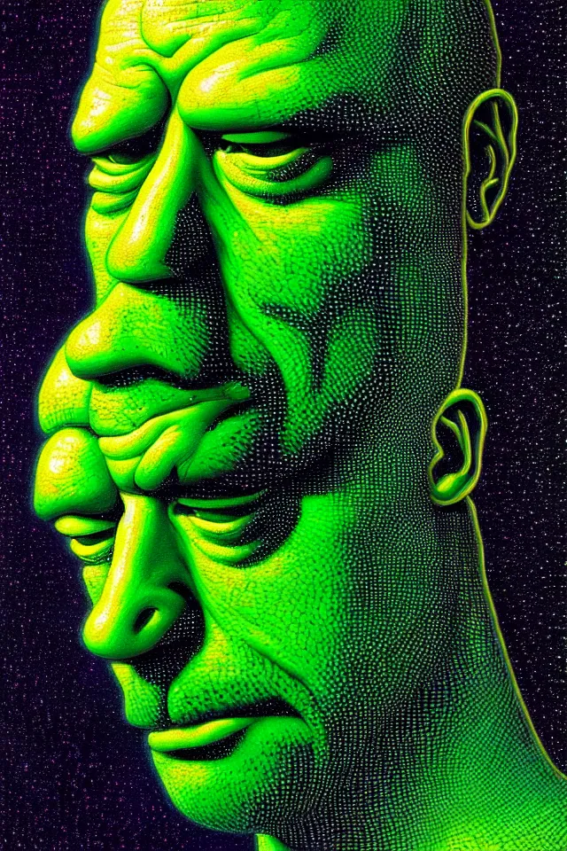 Prompt: bizarre green blacklight detailed renaissance portrait of homer simpson as a highly detailed realistic real life, dramatic cinematic lighting, 8 k, beautiful intricate painting by james r eads and tomasz alen kopera