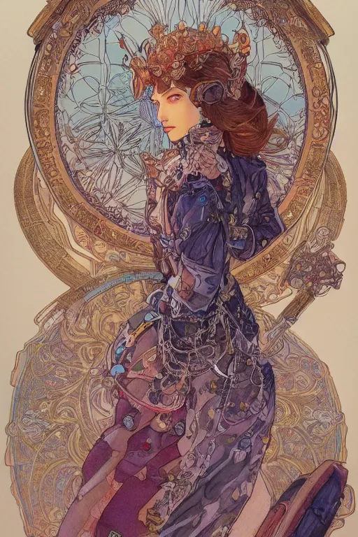 Image similar to zoomed out portrait of english princess, ornaments, stylized illustration by yoshitaka amano and moebius, watercolor gouache detailed paintings, mucha vibe, dieselpunk, solarpunk, artstation