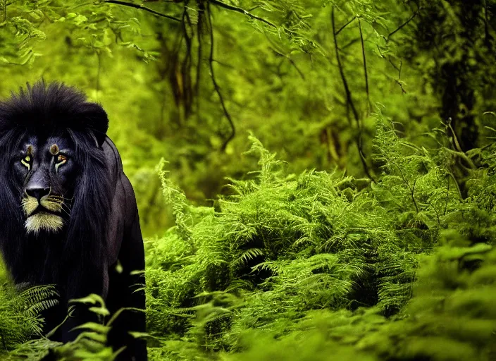 Image similar to professional wildlife photograph of a black lion standing in a dark jungle at night, surrounded by dense dark trees, moss, ferns, cinematic lighting, apex predator, natgeo