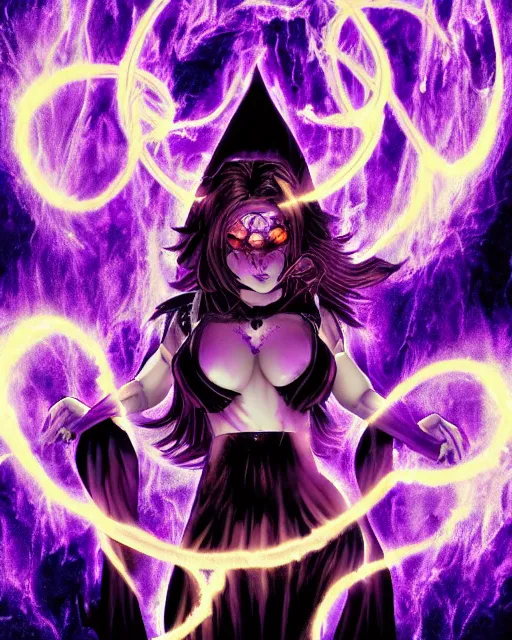 Image similar to pyromancer devil girl cover in purple death flames, deep pyro colors, purple laser lighting, award winning photograph, radiant flares, intricate, various refining methods, micro macro autofocus, evil realm magic painting vibes