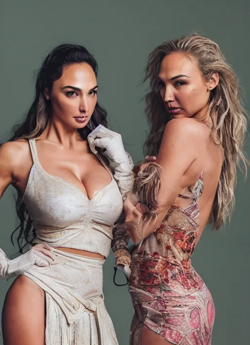 Image similar to portrait of lindsey pelas and gal gadot wearing kebaya in bali, by charlotte grimm, natural light, detailed face, beautiful features, symmetrical, canon eos c 3 0 0, ƒ 1. 8, 3 5 mm, 8 k, medium - format print, half body shot