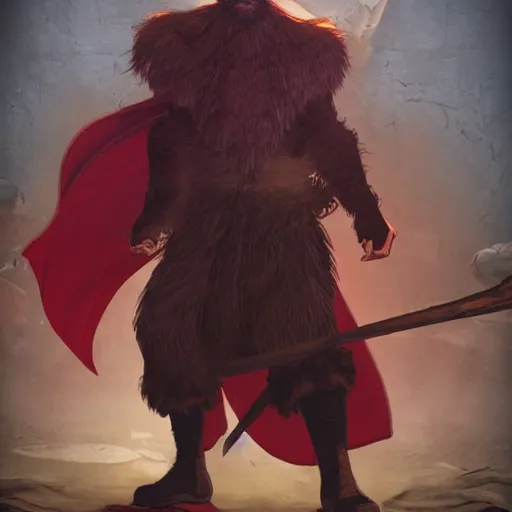Image similar to dnd render of a man, red, a big black beard, completely golden eyes, 1 curved horn growing out of his forehead, one broken horn groing out of his forehead,