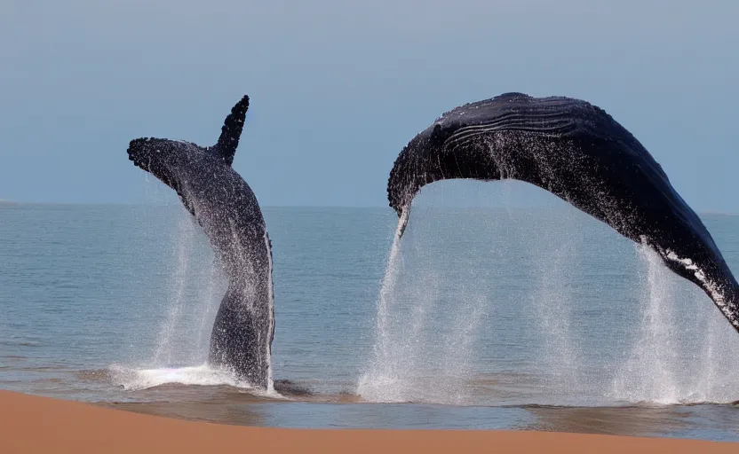 Image similar to whales jumping into sand dunes, photography