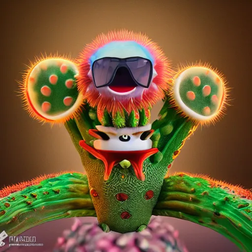 Prompt: a jumping cactus wearing sunglasses, 3d octane render, takashi Murakami artwork