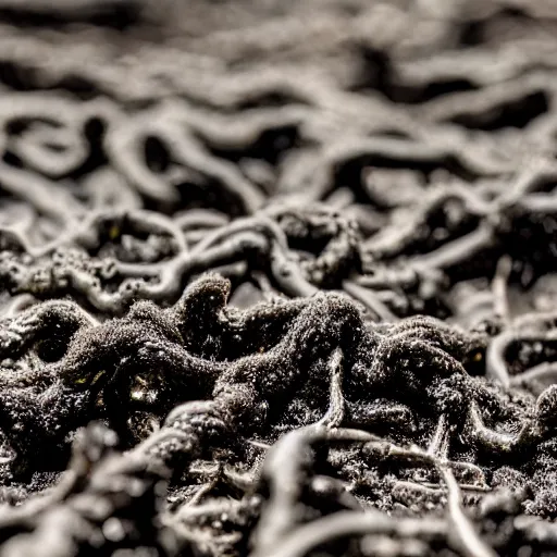 Image similar to photograph of a pitch black, tar - like fungus with lots of tendrils spreading everywhere, intricate detail, goopy, deep black tendrils, infestation