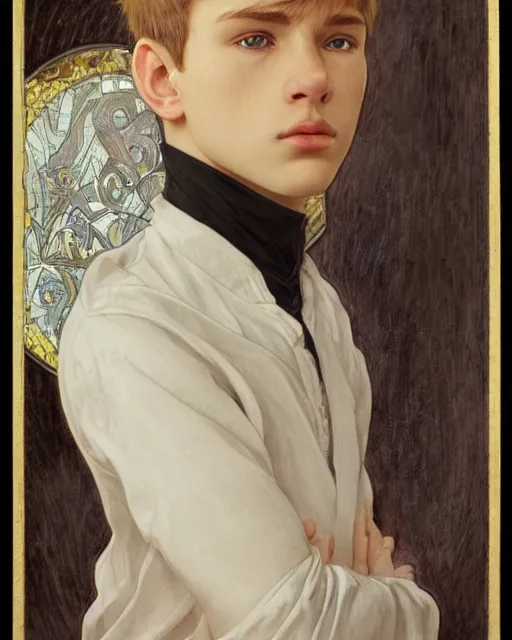 Image similar to portrait a 1 5 - year - old boy, with slender, smooth sleek white - blond hair, cold grey eyes, a pale complexion with sharp and pointed features, wearing black clothes, hyper realistic face, beautiful eyes, close up, fantasy art, in the style of greg rutkowski, intricate, alphonse mucha, hyper detailed, smooth