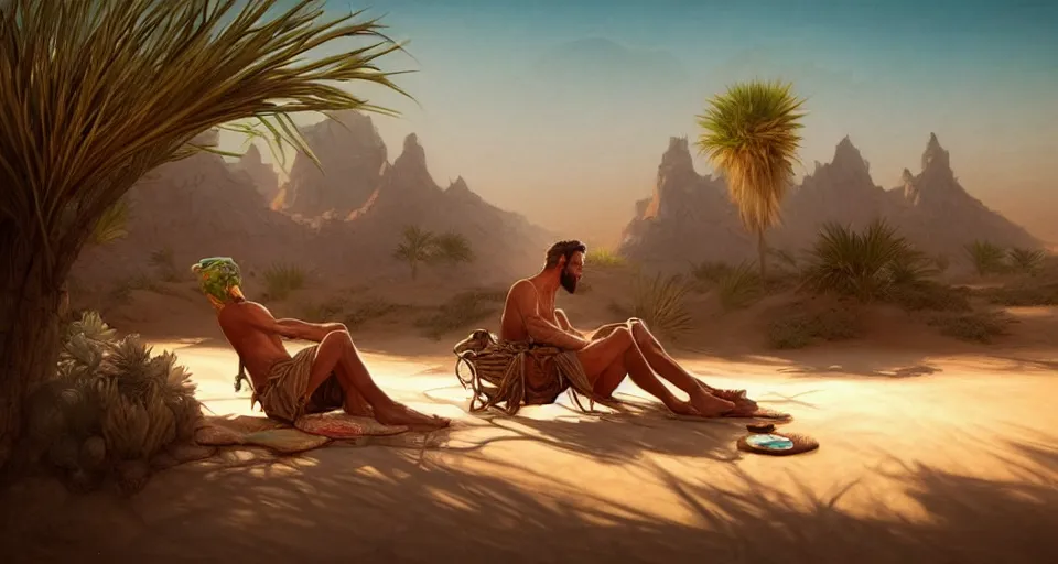 Image similar to a male desert vagabond lounging next to an oasis!!!! surrounded by sand dunes, by wlop and peter mohrbacher, extremely detailed shading, concept art, digital painting, trending on artstation, unreal engine 5, octane render, atmosphere, glow, cinematic lighting, full of color