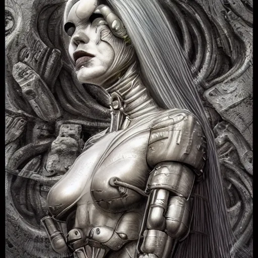 Image similar to a 3 d stone render portrait of a cyborg machina - nymphette by tony diterlizzi and h. r giger, ilford hp 5, 5 5 mm, hyper realistic, hyper - mechanistic by artgerm, tomasz alen kopera, peter mohrbacher, hyper - goth, horror - core, joseph christian leyendecker