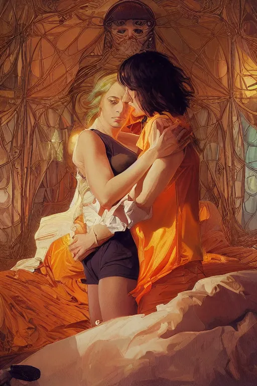 Prompt: portrait of a man in tin - foil hat and orange t - shirt hugging his wife in a bed, feelings, romantic, fantasy, intricate, elegant, highly detailed, digital painting, artstation, concept art, smooth, sharp focus, illustration, art by artgerm and greg rutkowski and alphonse mucha