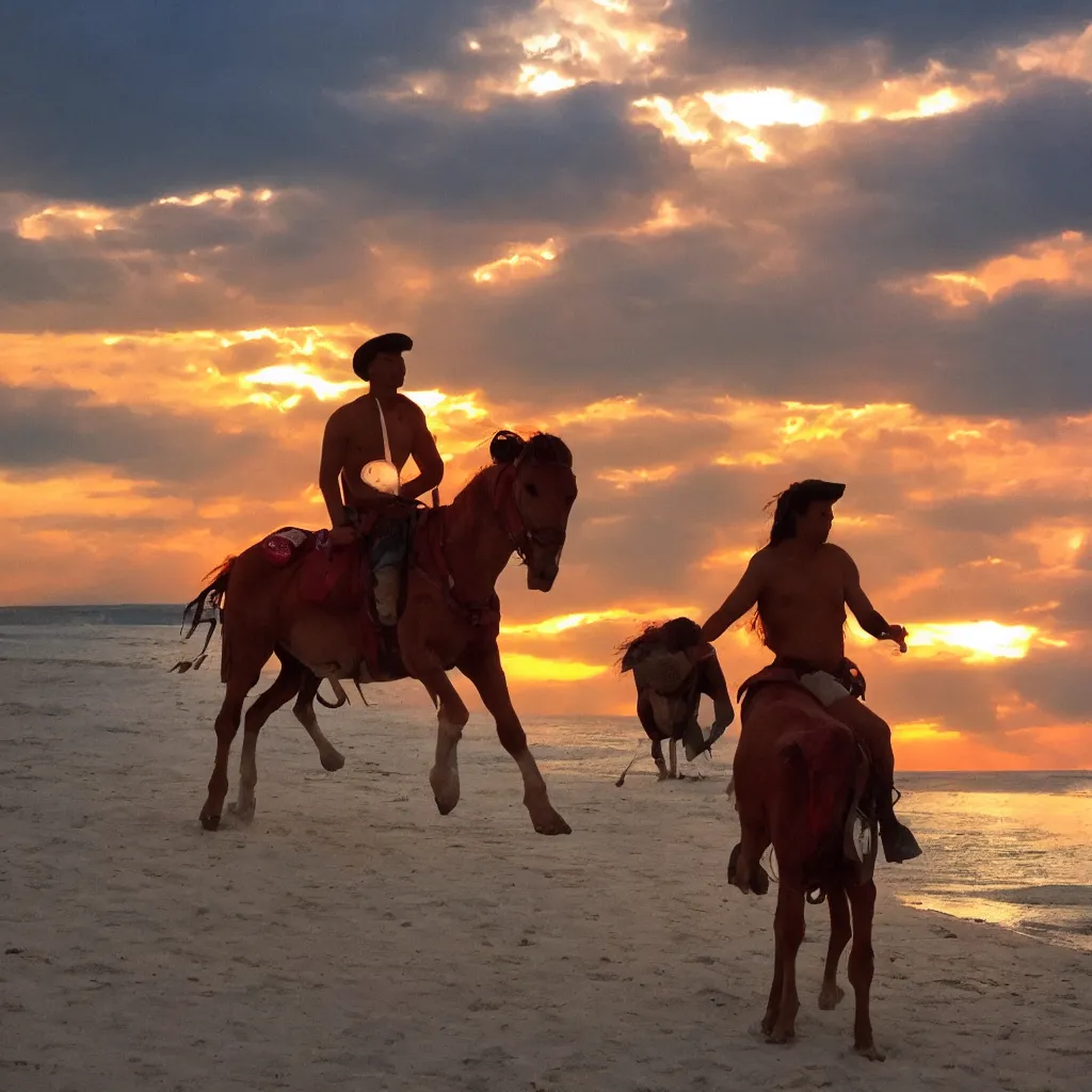 Image similar to Emin Gün Sirer riding a red horse in a white beach, sun sets, dramatic lighting, heroic exposure