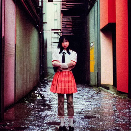 Image similar to 1990s perfect 8K HD professional cinematic photo of close-up japanese schoolgirl posing in sci-fi dystopian alleyway at morning during rain, at instagram, Behance, Adobe Lightroom, with instagram filters, depth of field, taken with polaroid kodak portra