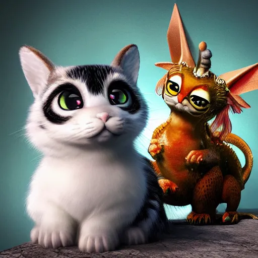 Prompt: a hyper realistic render of a cute eastern dragon with big eyes and friendly + a cute cat