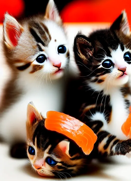 Image similar to clear photorealistic picture of adorable kittens made out of sushi