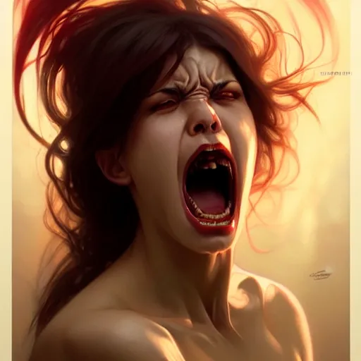 Image similar to face portrait of angry female demon screaming, realistic, high qulity, 4 k, sharp fucos, tranding on art station, illustration, art by artgerm and greg rutkowski and alphonse mucha