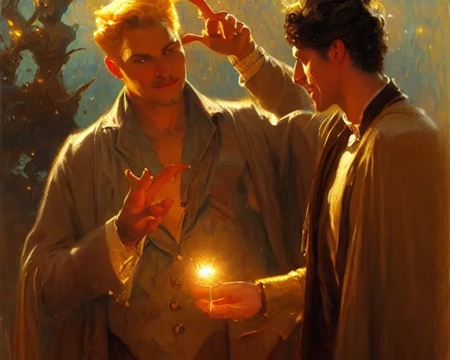 Image similar to attractive magician man, casting light magic, summoning a handsome god. highly detailed painting by gaston bussiere, craig mullins, j. c. leyendecker 8 k