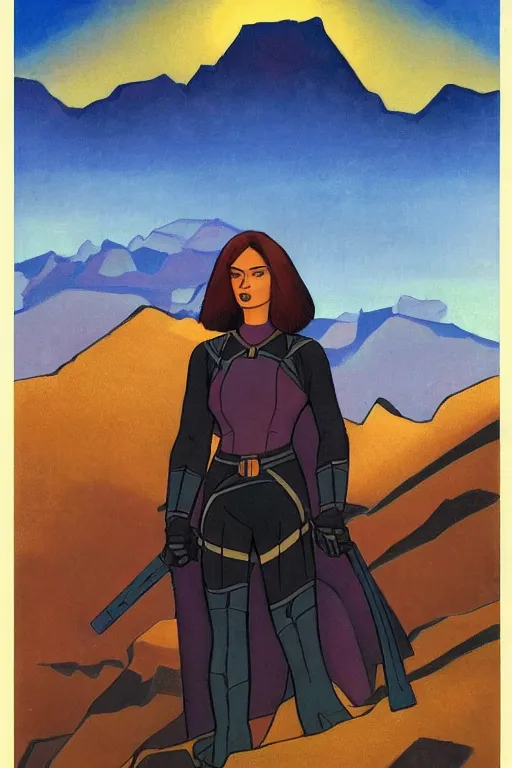 Image similar to black widow ( natasha romanova ) on mountains, marvel, artwork by nicholas roerich,