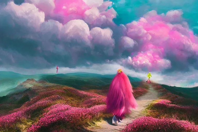 Image similar to giant dahlia flower crown as head, girl walking on mountain, surreal photography, pink storm clouds, dramatic light, impressionist painting, digital painting, artstation, simon stalenhag